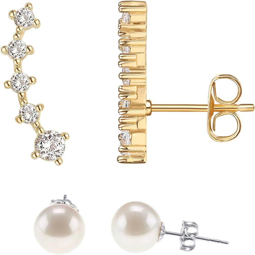 PAVOI 14K Gold Plated 925 Sterling Silver Post Cubic Zirconia Crawler Earrings Pearl Studs Set | ... | Amazon (US)