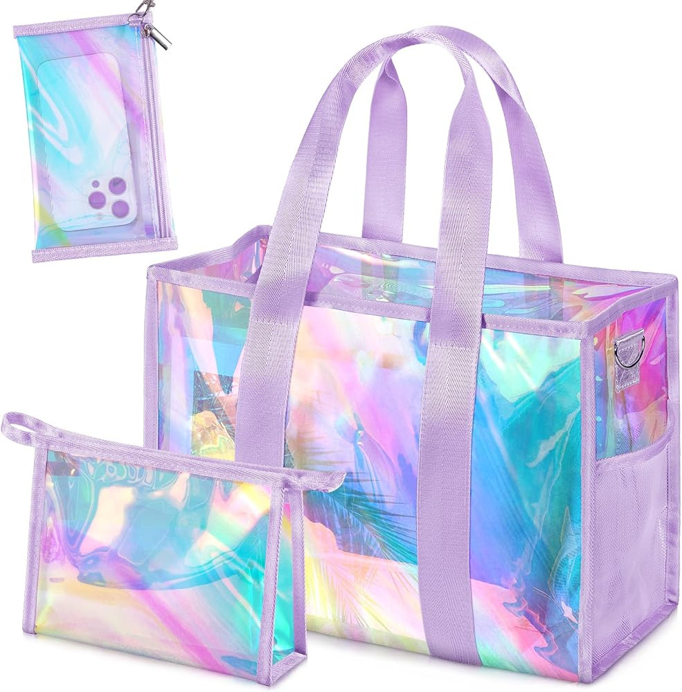 Iridescent Beach Bag for Women,PVC Pool Bag with Cosmetic Pouch&Phone Pouch,Summer Beach Tote for... | Amazon (US)