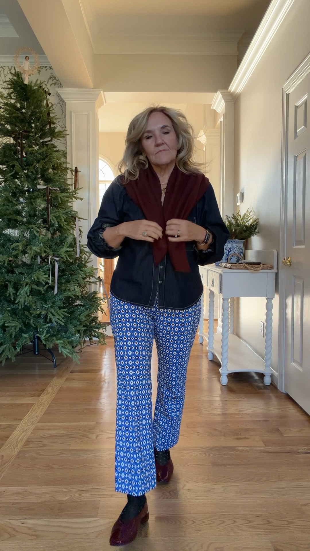 Denim top size medium regular. The sleeves are a little long, but nothing I can’t work with.
Pants are a ponte knit. They feel like wearing leggings. I’m wearing a medium regular. So they are a cropped length, but on me a full length.
Love this purse. Available in other colors. Necklace stack makes a great gift! 
Shoes are true to size and I love them  
Quince scarf 
Business casual work outfit 

#LTKOver40 #LTKWorkwear #LTKPetite