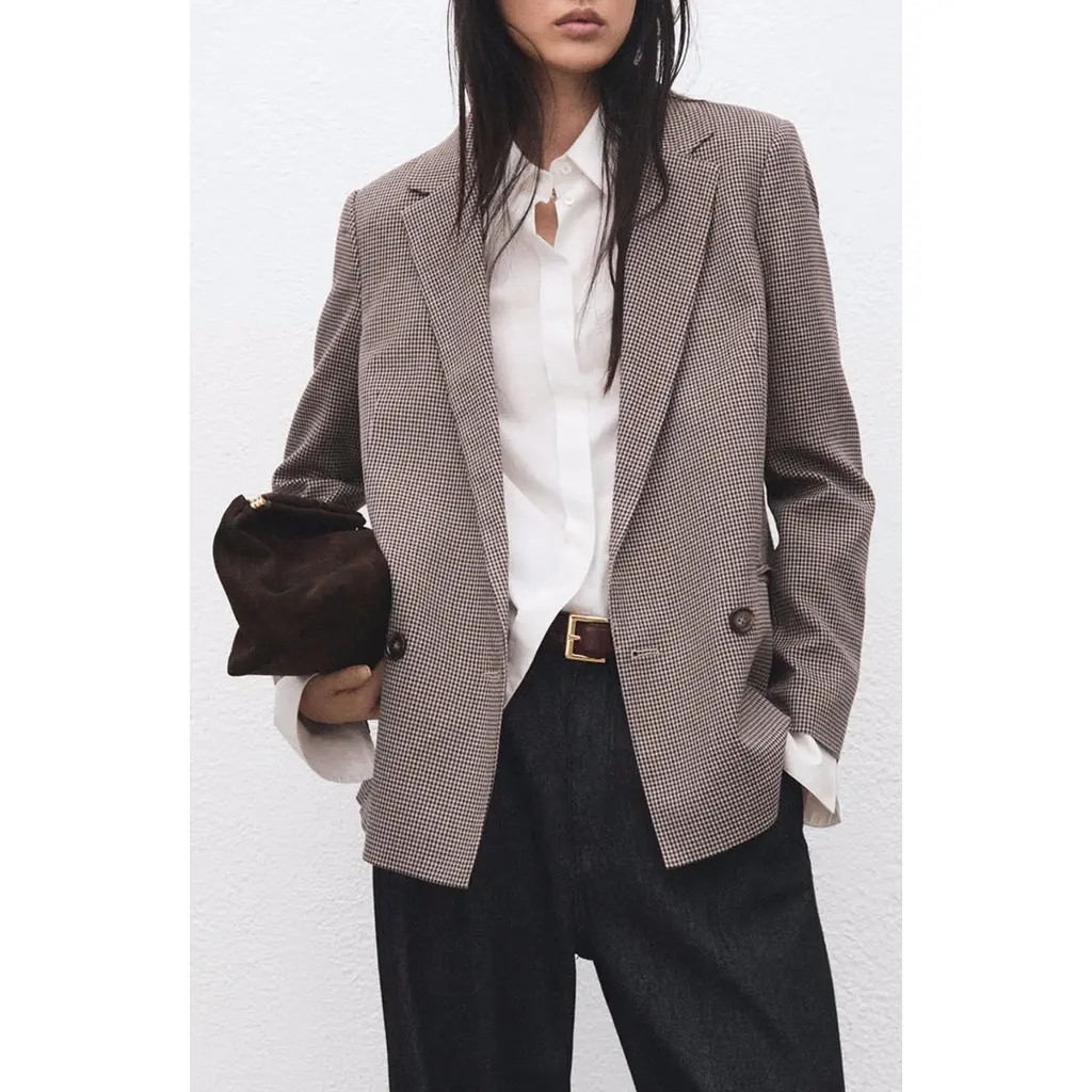 MANGO Houndstooth Microcheck Double Breasted Blazer in Burgundy at Nordstrom, Size X-Small | Nordstrom