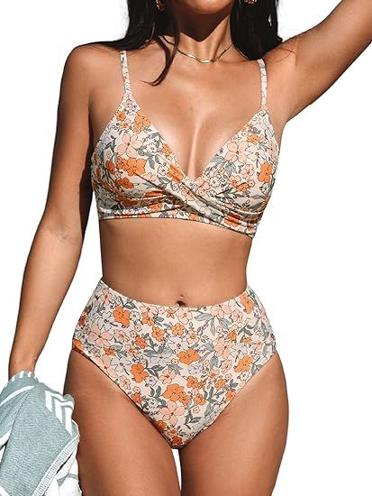 CUPSHE Women's Bikini Sets Two Piece Swimsuit High Waisted V Neck Twist Front Adjustable Spaghett... | Amazon (US)