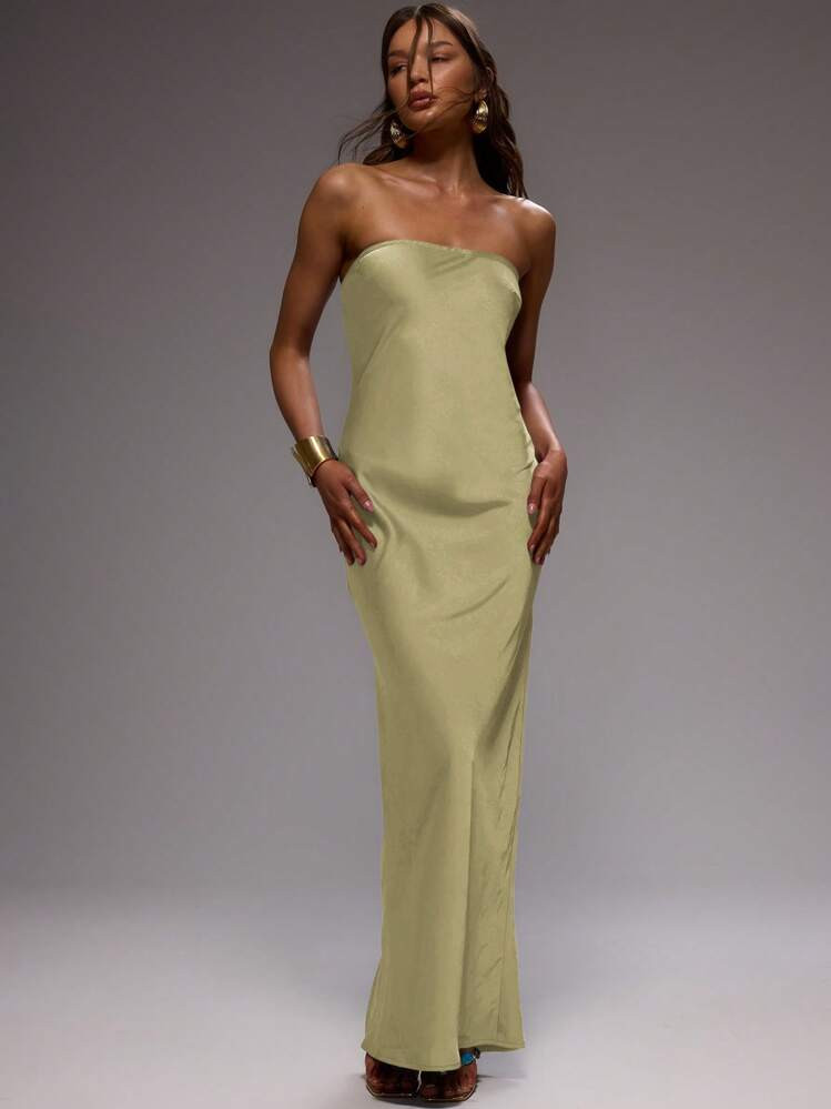 MUSERA Strapless Straight Fit Bandeau Satin Maxi Dress Spring Summer Vacation Elegant Wedding Gue... | SHEIN