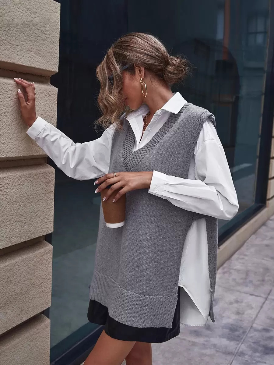 SHEIN Essnce Split Side Sweater Vest Without Blouse | SHEIN