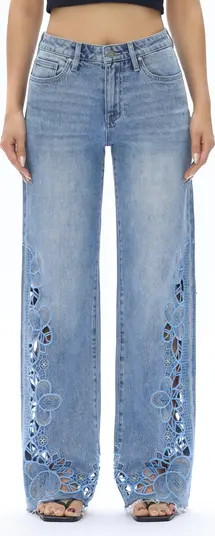 Floral Embroidered Raw Hem Wide Leg Jeans | Nordstrom