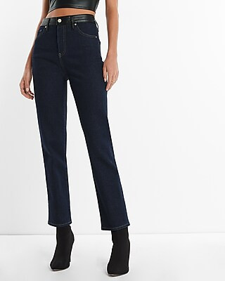 High Waisted Faux Leather Waistband Rinse Straight Ankle Jeans | Express