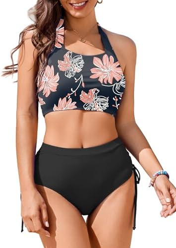 AI'MAGE Womens High Waisted Bikini Sets Cheeky Push Up Two Piece Swimsuits Drawstring Halter Tumm... | Amazon (US)