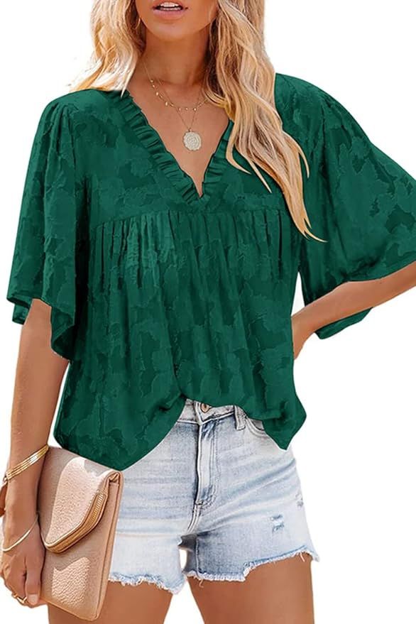 CHYRII Women's Casual Summer Tops Bell 3/4 Sleeve V Neck Chiffon Blouse Shirts Green M at Amazon ... | Amazon (US)
