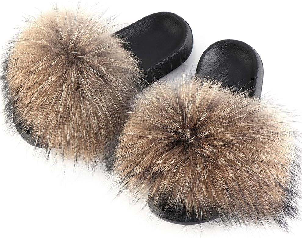Fashion Slides for Womens Soft Flat Open Toe Fox Fur Slippers,Cute Indoor Outdoor Sandals | Amazon (US)