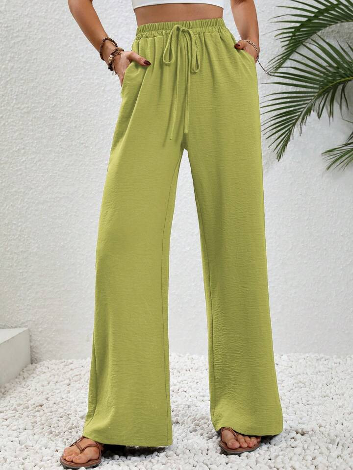SHEIN LUNE Women Solid Color Drawstring Waist With Pockets Straight Loose Casual Pants | SHEIN