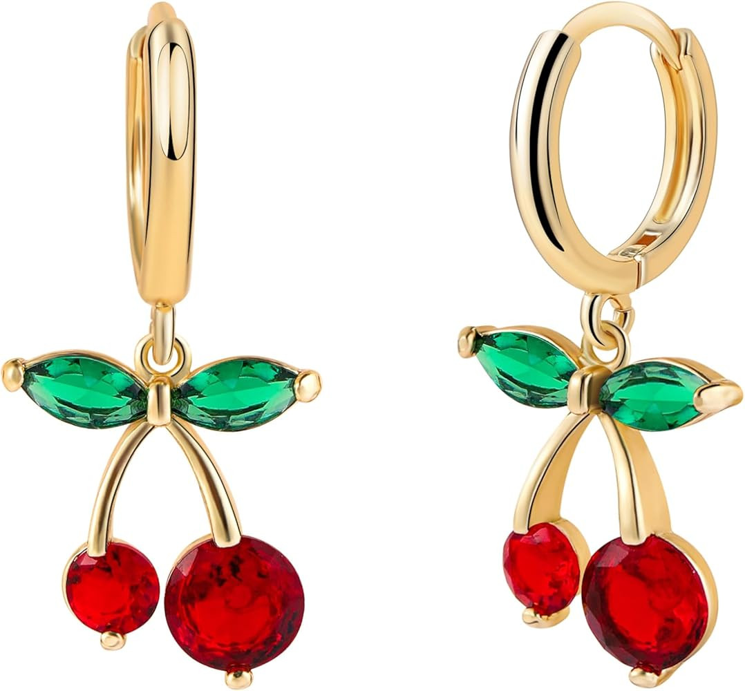 Amazon.com: Cherry Earrings for Women-14K Gold Plated Hoop Dangle Green Red Dainty Huggie Earring... | Amazon (US)