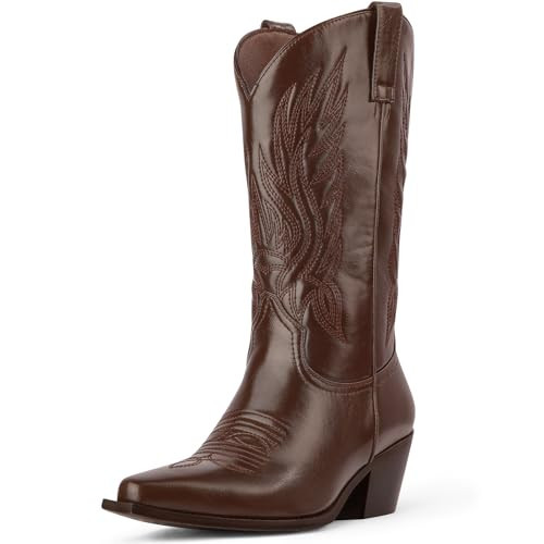 Brown Cowboy Boots for Women – Mid Calf Cowgirl Boots Embroidered Chunky Heels Pointed Toe Pull On, Perfect for Partys, Country Music Festivals, Concerts, and More Size 9.5 | Amazon (US)