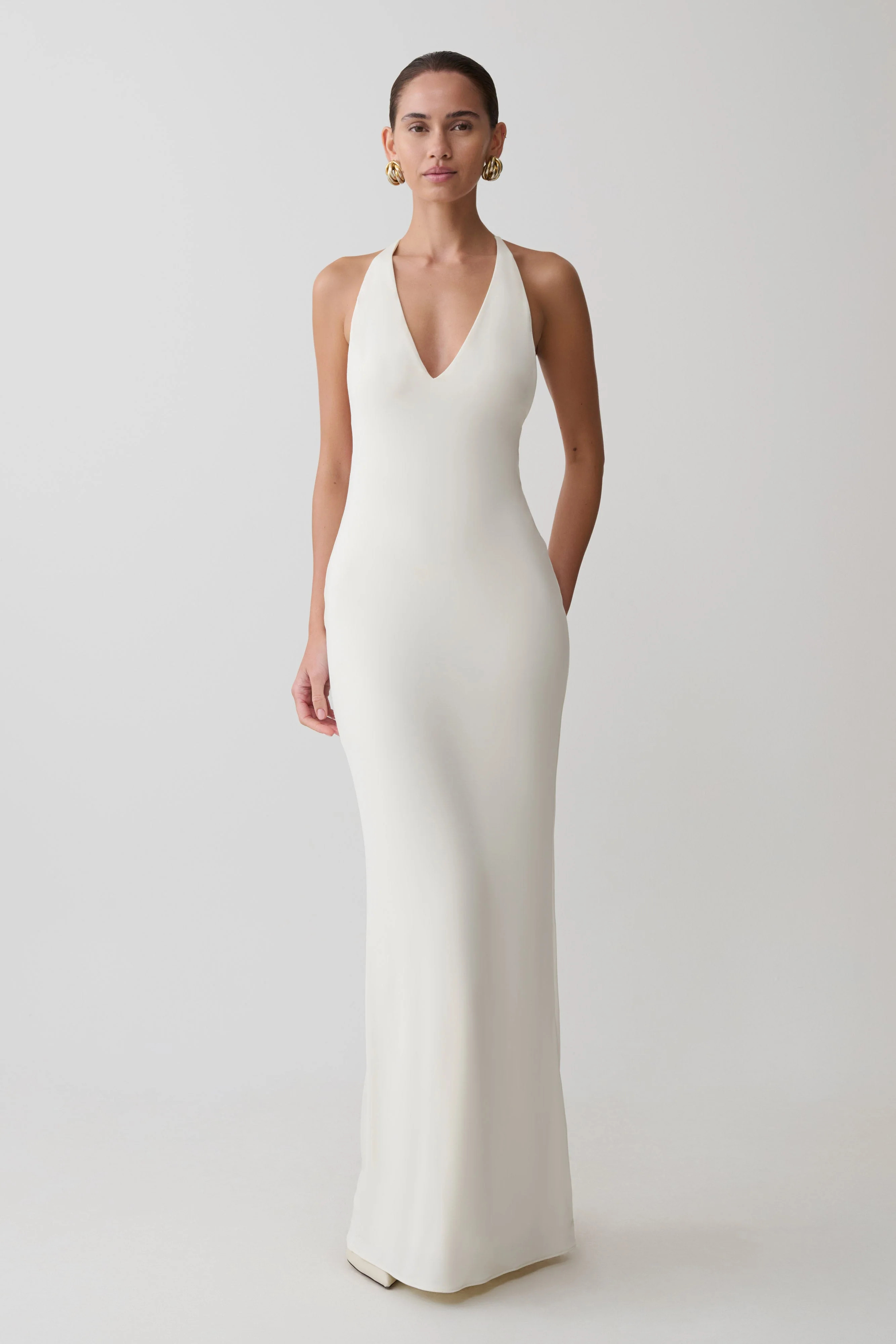 Hana Slinky Plunge Maxi Dress - Ivory | Meshki UK