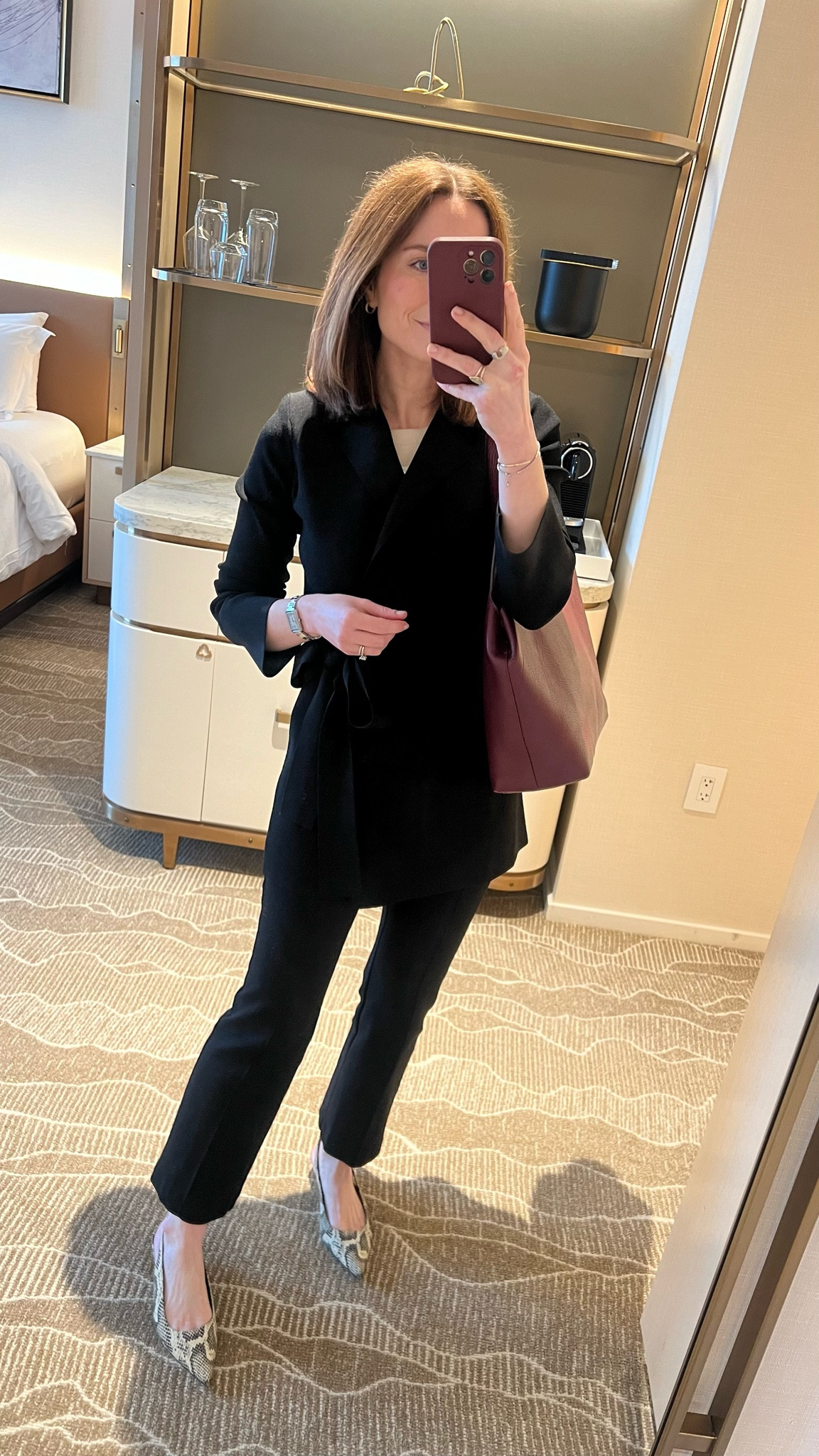 Work conference day 2 outfit
Black wrap cardigan MMLA Fleur 
Banana republic kick flare black pant
Aeyde snake print slingback heel
Burgundy tote bag

#LTKworkwear #LTKstyletip