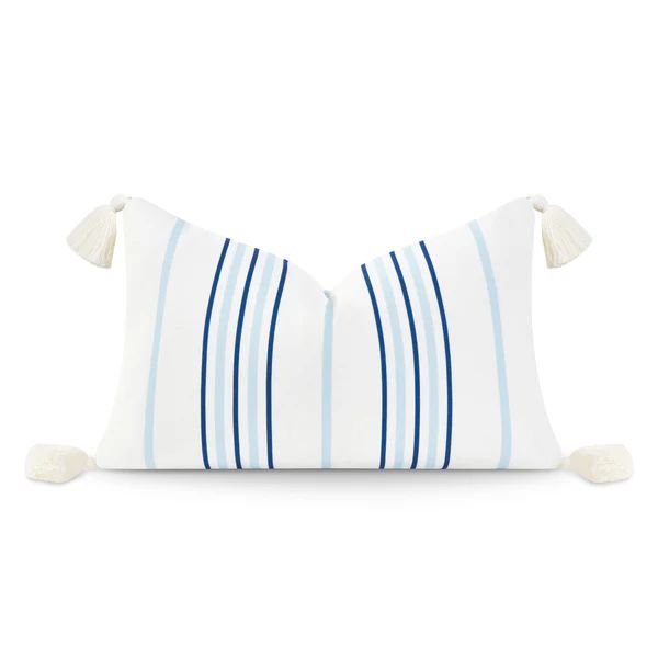 Coastal Hampton Style Indoor Outdoor Lumbar Pillow Cover, Stripe Tassel, Baby Blue Navy, 12"x20" | Hofdeco