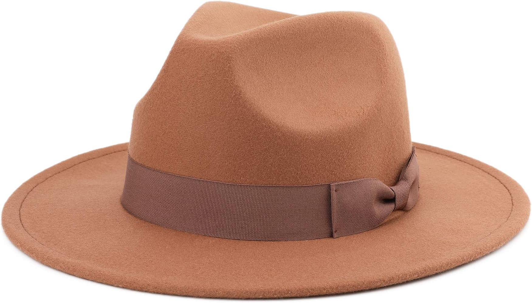 Besoogii Classic Wide Brim Women Men Fedora Hat with Belt Buckle Felt Panama Hat | Amazon (US)