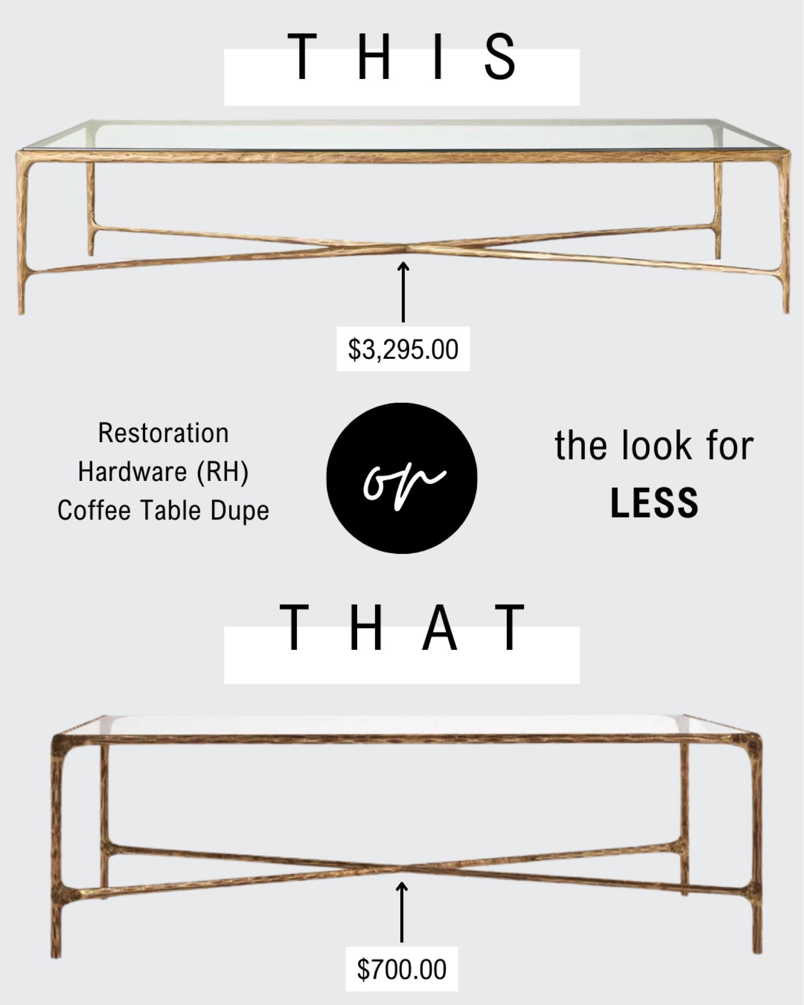 Another RH dupe! This gold and glass coffee table has sleek lines for a glamorous and modern feel. Splurge at Restoration Hardware or save💲at Wayfair. Get the look for LESS.

#LTKstyletip #LTKhome