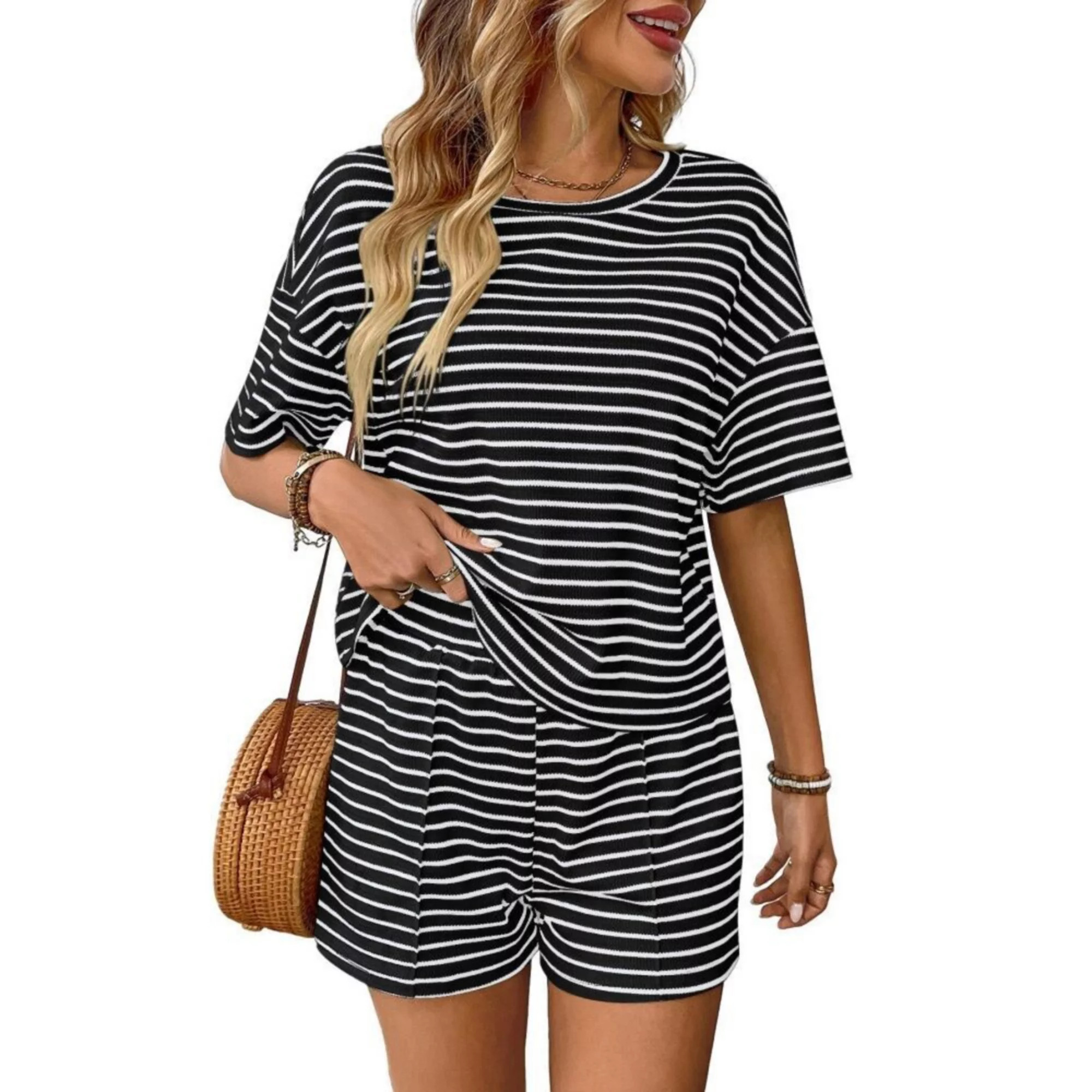 Women's 2 Piece Set Striped Knit Crew Neck Short Sleeve Top and Shorts for Daily Lounge Athletic | Kohl's
