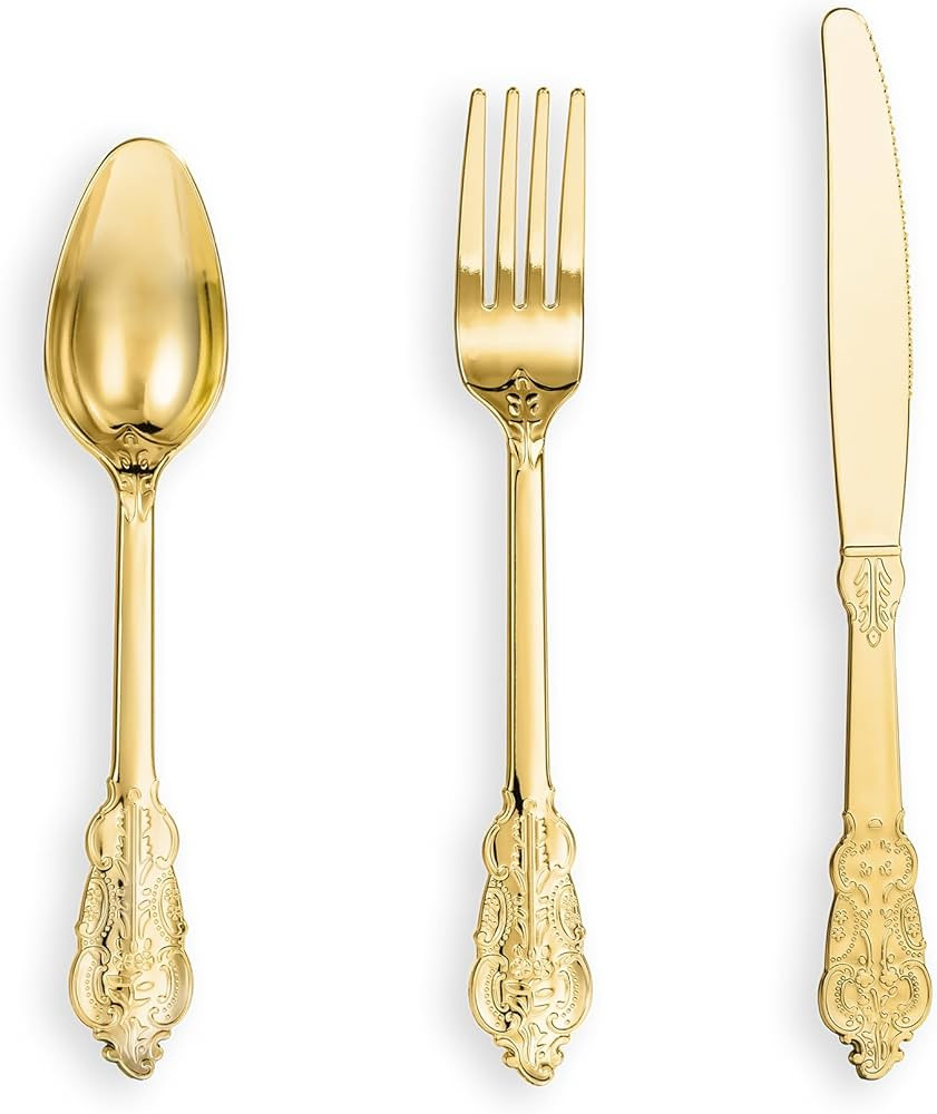 N9R 120PCS Gold Plastic Silverware, Disposable Silverware Include 40 Forks, 40 Spoons, 40 Knives,... | Amazon (US)