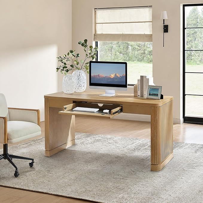 HULALA HOME Computer Desk with Power Outlets, 60 inche Modern Office Desk with Keyboard Tray and ... | Amazon (US)