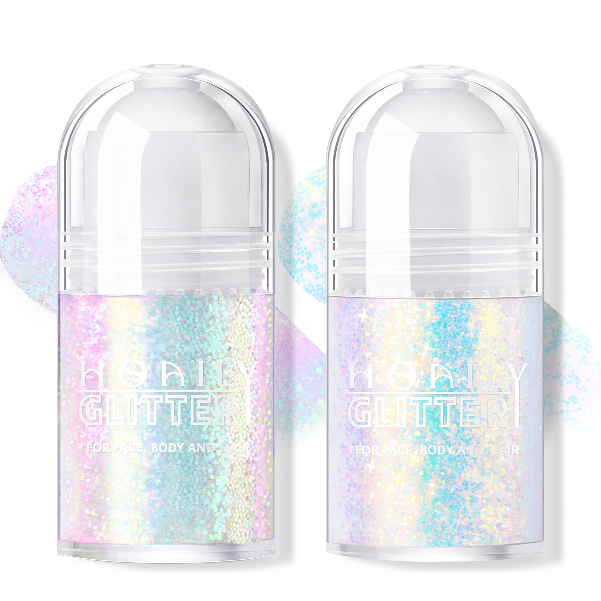 HOSAILY 2 Colors Roll-on Body Glitter Gel, Holographic Glitter Gel Under Light for Face Hair, Body Shimmer for Rave Accessories Christmas New Year Halloween Makeup (Sparkling Pink+Sparkling Blue) | Amazon (US)