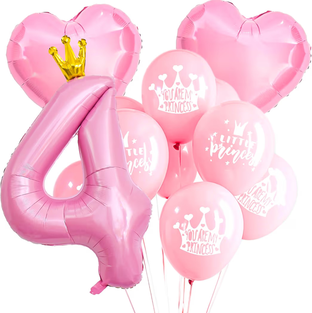 40 Inch Crown Pink Balloon, 4th Birthday Number Balloons for Girls, Big Conjoined Baby Foil Mylar... | Amazon (US)