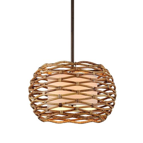 Troy Balboa Bronze Natural 28 Inch Six Light Pendant With Linen Shade F6747 | Bellacor | Bellacor