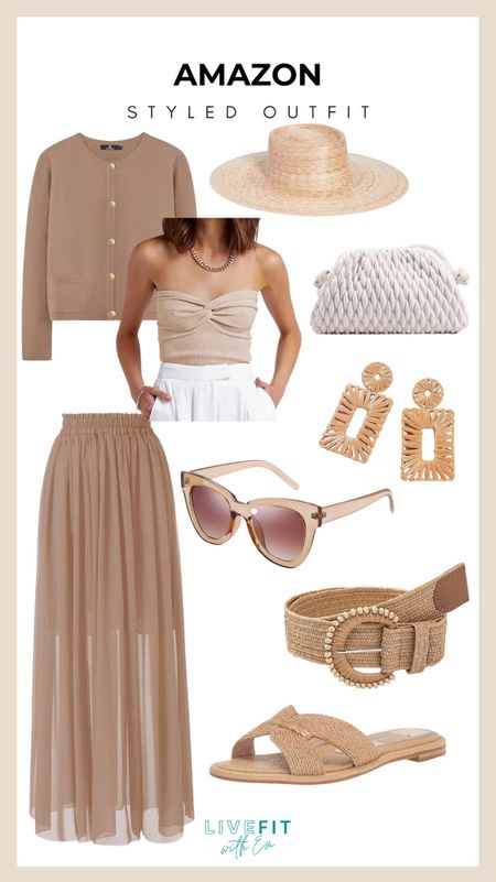 Embrace the beauty of neutral tones with this Amazon styled outfit! Layer a soft camel cardigan over a textured bandeau top and floaty tulle skirt for a play on silhouettes. Add personality with raffia accessories—a chic belt, comfy sandals, and a statement bag. Finish with unique geometric earrings and oversized sunglasses for an ensemble that's effortlessly elegant. Perfect for a garden party or a refined brunch date! #NeutralNecessities #AmazonStyle #EleganceEveryday #SummerChic #TulleSkirtTrend #AccessorizeWithRaffia #LiveFitWithEm

#LTKstyletip #LTKbeauty #LTKfindsunder50