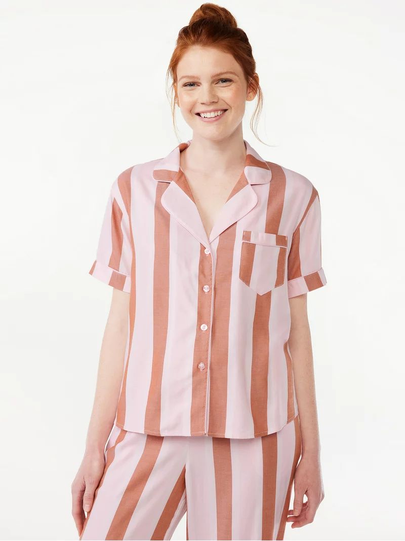 Joyspun Women's Woven Notch Collar Pajama Top, Sizes S to 3X | Walmart (US)