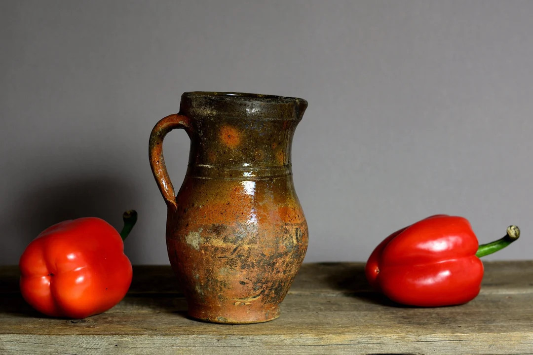 Antique Ukrainian Glazed Terracotta Pitcher | Rustic Farmhouse Decor | 295 | Etsy (US)