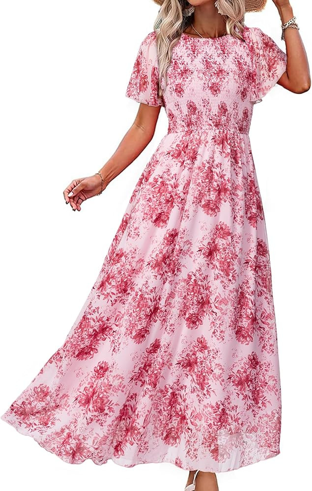 Simplee Womens Summer Floral Summer Maxi Dresses Boho Flowy Flutter Short Sleeve Crew Neck Vacati... | Amazon (US)