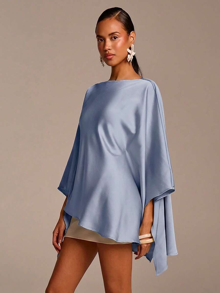 COSMINA Women's Elegant Dusty Blue Summer Tropical Cocktail Satin Blouse,Asymmetric Hem & Sleeve ... | SHEIN