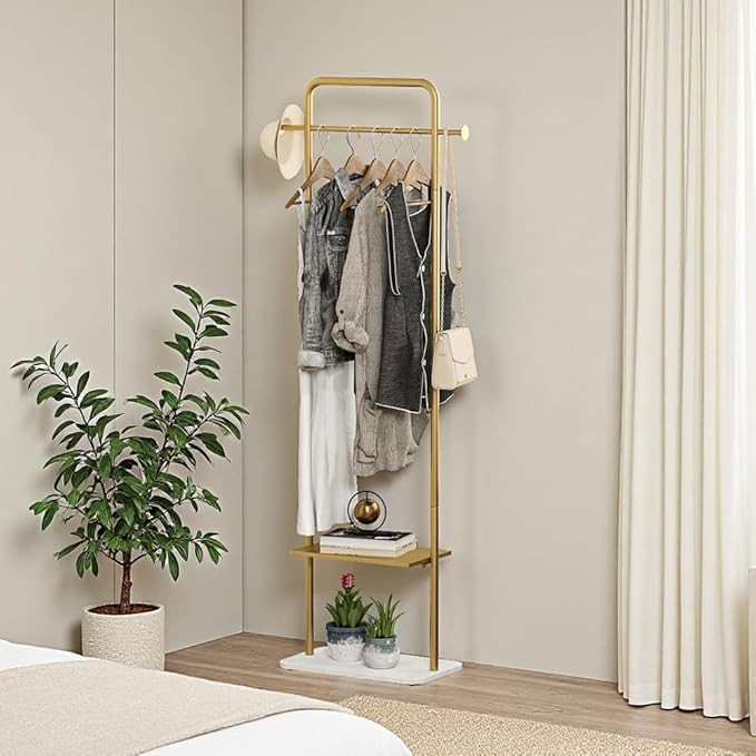 KaKaBB Gold Clothing Rack, Freestanding Coat Rack with Metal Shelves and Natural Marble Base, Sma... | Amazon (US)