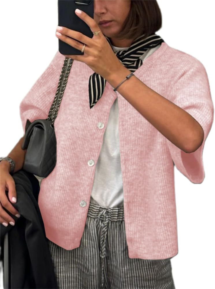 Women Knitted Crop Cardigan Shirt Short Sleeve Button Down Ribbed Knit Crop Top Y2k Girls Outwear... | Amazon (US)