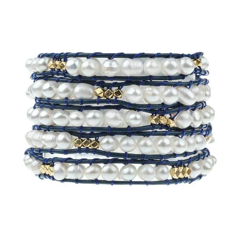 Freshwater Pearls with Gold Accent on Navy | Victoria Emerson