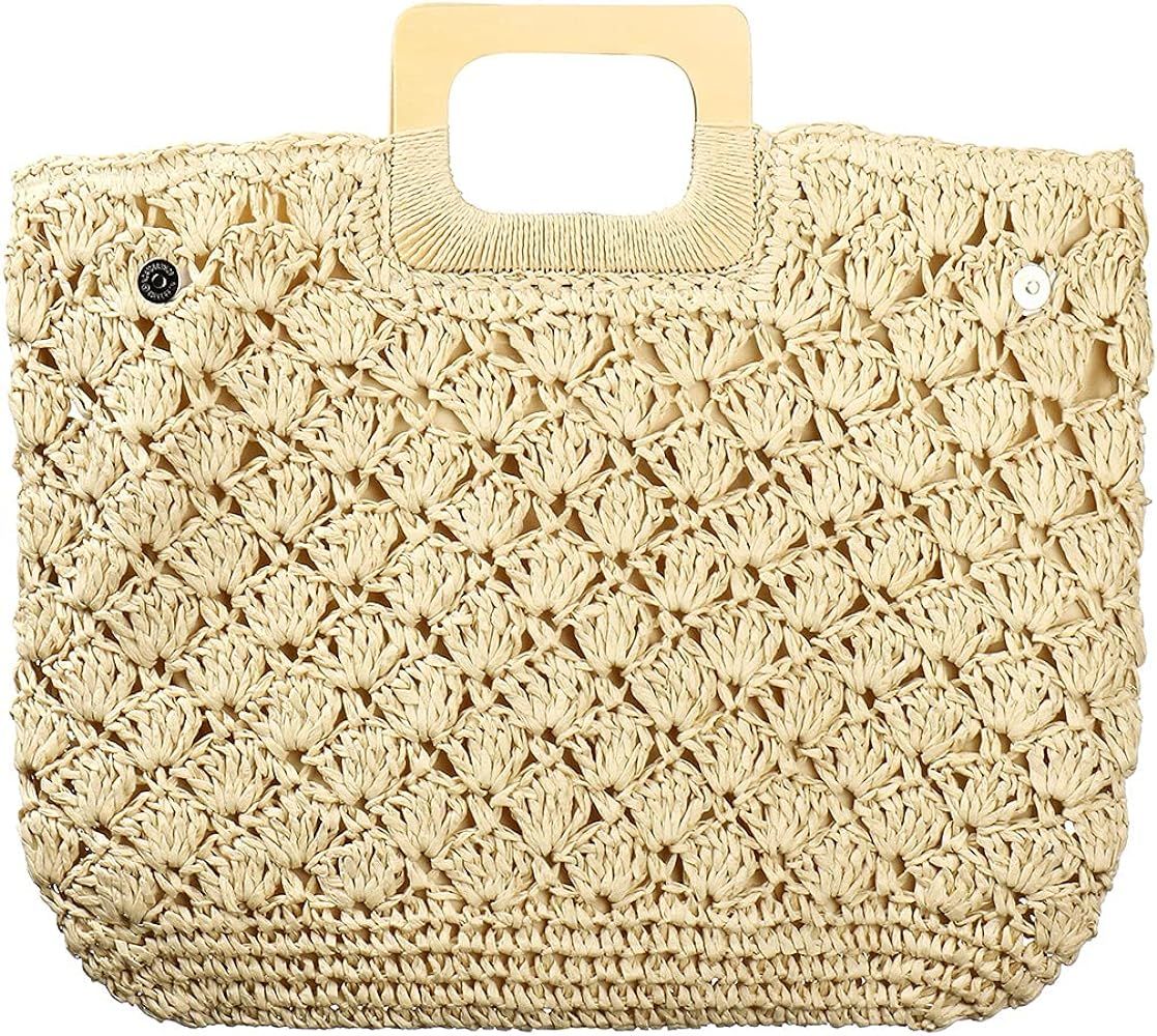 Straw Tote Bag Women Hand Woven Large Casual Handbags Hobo Straw Beach Bag with Lining Pockets for D | Amazon (US)