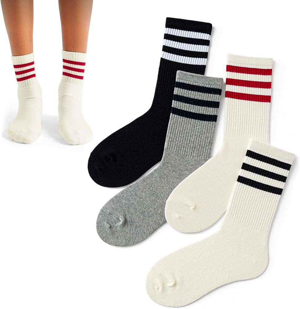 4 PAIRS Retro Stripe Tube Socks Classic Athletic Sport Crew Socks For Women Casual Cotton Novelty... | Amazon (US)