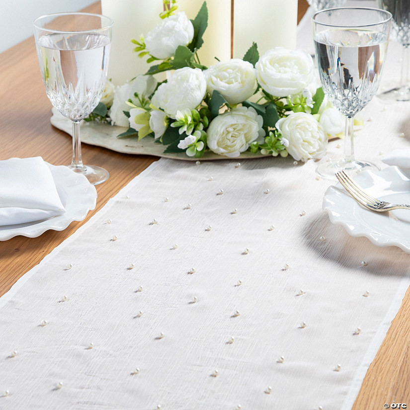 13" x 6 ft. Soft White Gauze with Pearls Table Runner | Oriental Trading Company