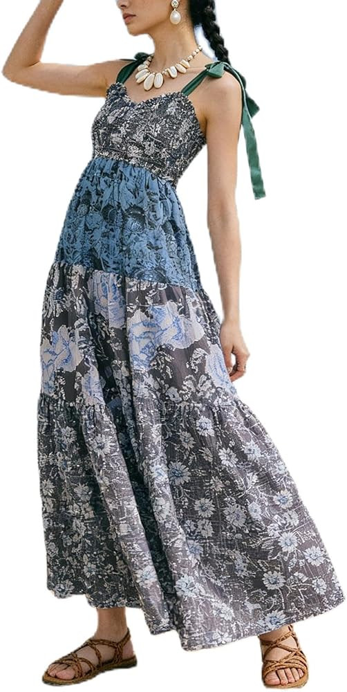 Women Summer Dresses Flowy Smocked Maxi Dress Sleeveless Tie Shoulder Boho Dresses Y2K Floral Bea... | Amazon (US)