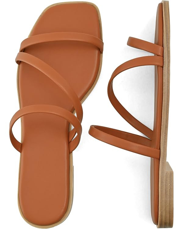 LACUONE Strappy Flat Sandals For Women Slip On Square Open Toe Slides Sandals | Amazon (US)