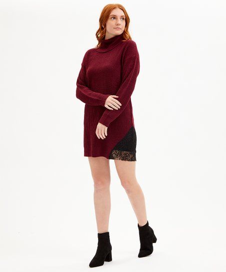 Evelyn Taylor Burgundy & Black Lace Cutout Turtleneck Sweater Dress - Women & Plus | Zulily