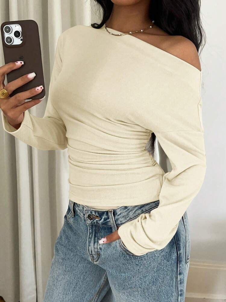 Siren Gaze Casual Solid Color Asymmetric Neck Ruched T-Shirt Winter Spring | SHEIN USA | SHEIN