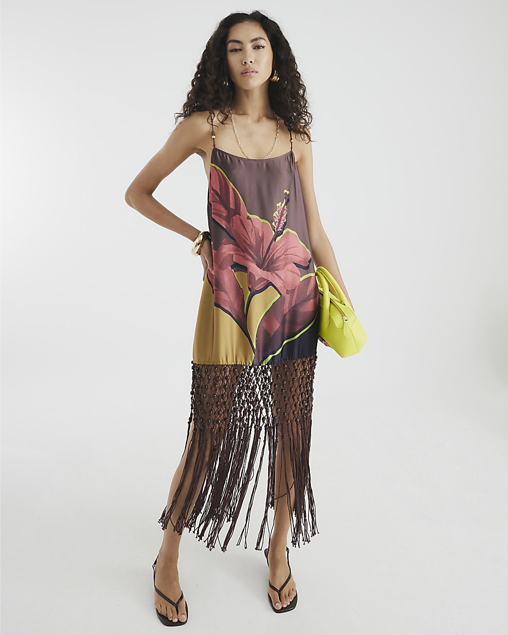 Brown Flower Print Tassel Maxi Dress | River Island UK & IE