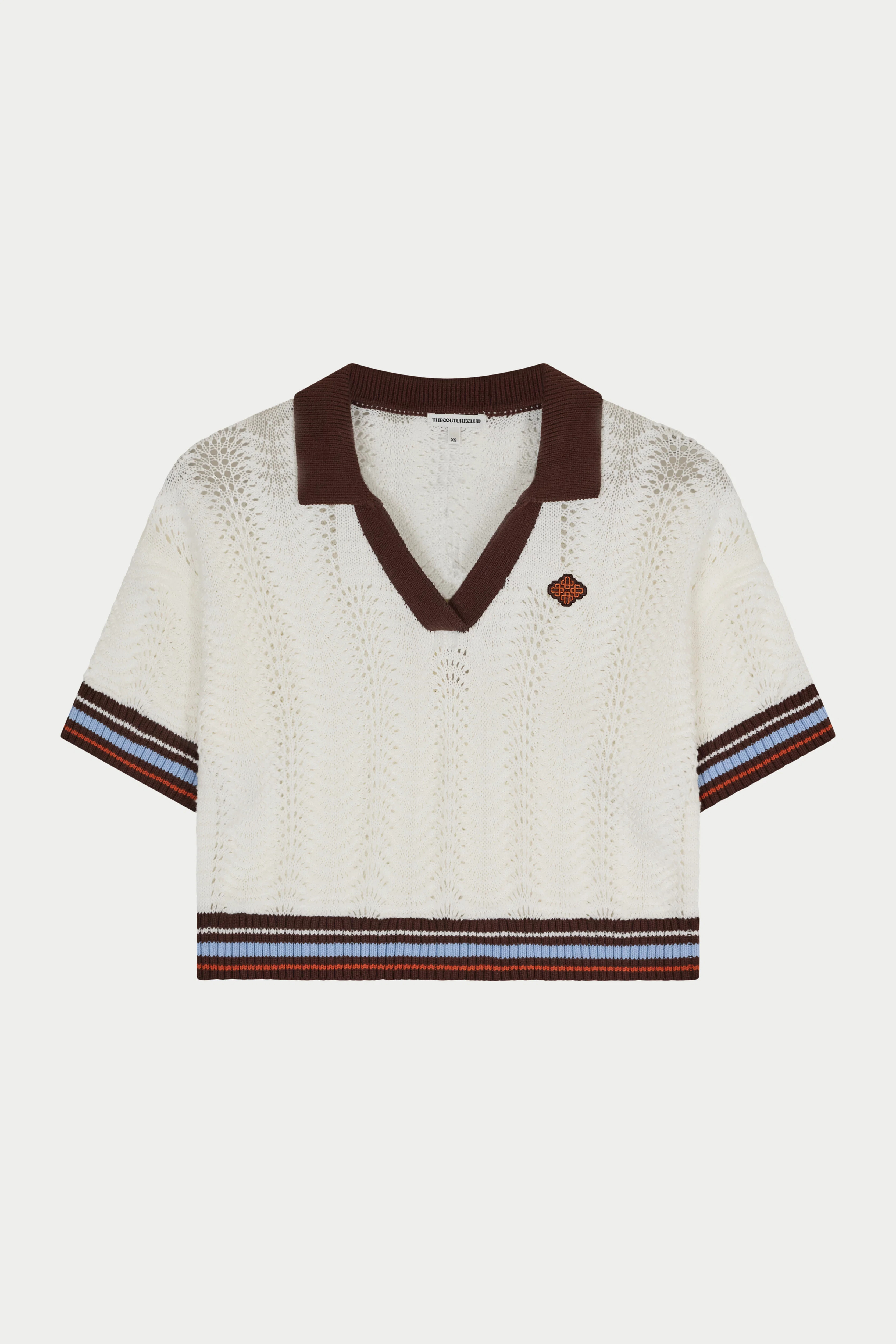 Open Collar Crochet Crop Shirt - Chocolate | The Couture Club