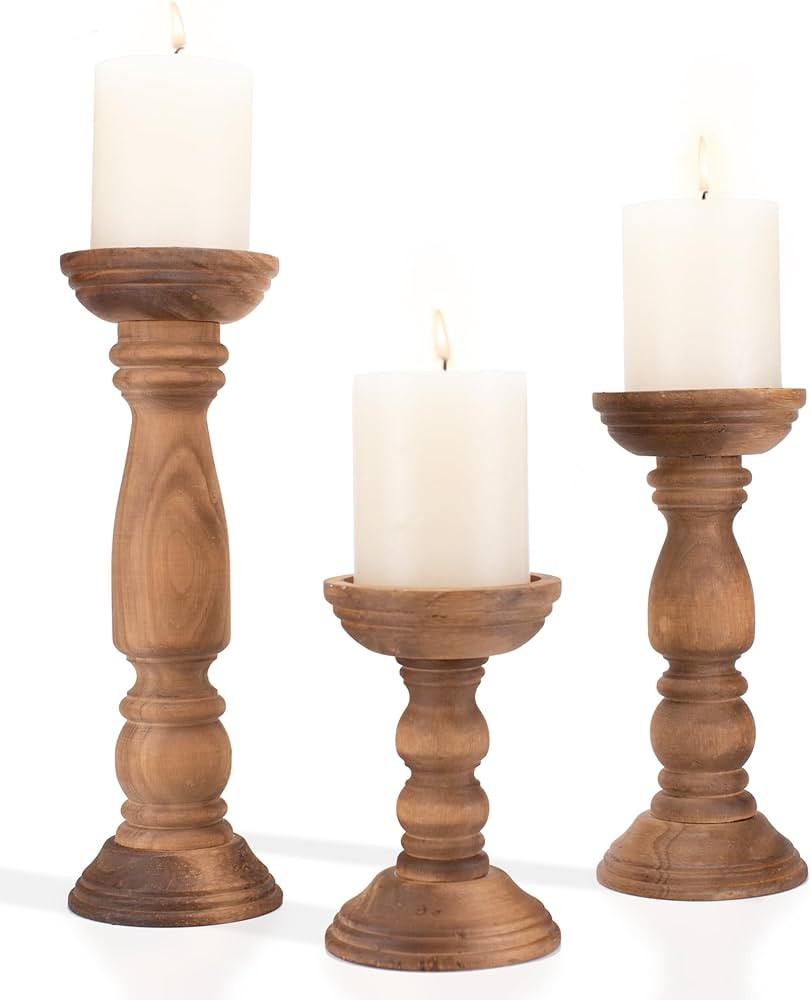 Farmhouse Wooden Candle Holders for Pillar Candles Set of 3, Rustic Wood Candle Holder Table Cent... | Amazon (US)