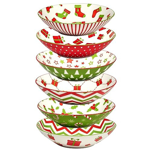 Holiday Fun 40 oz Christmas Soup Bowls – Set of 6 Festive Porcelain Bowls with Colorful Holiday Prints – Large Serving Bowls for Stews, Pasta, Salads – Dishwasher & Microwave Safe | Amazon (US)