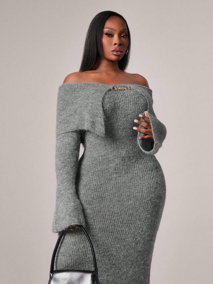 Radiana Plus Size Women's Fall & Winter,Elegant Plush Yarn Off-Shoulder Lapel Slim-Fit Flared Sle... | SHEIN