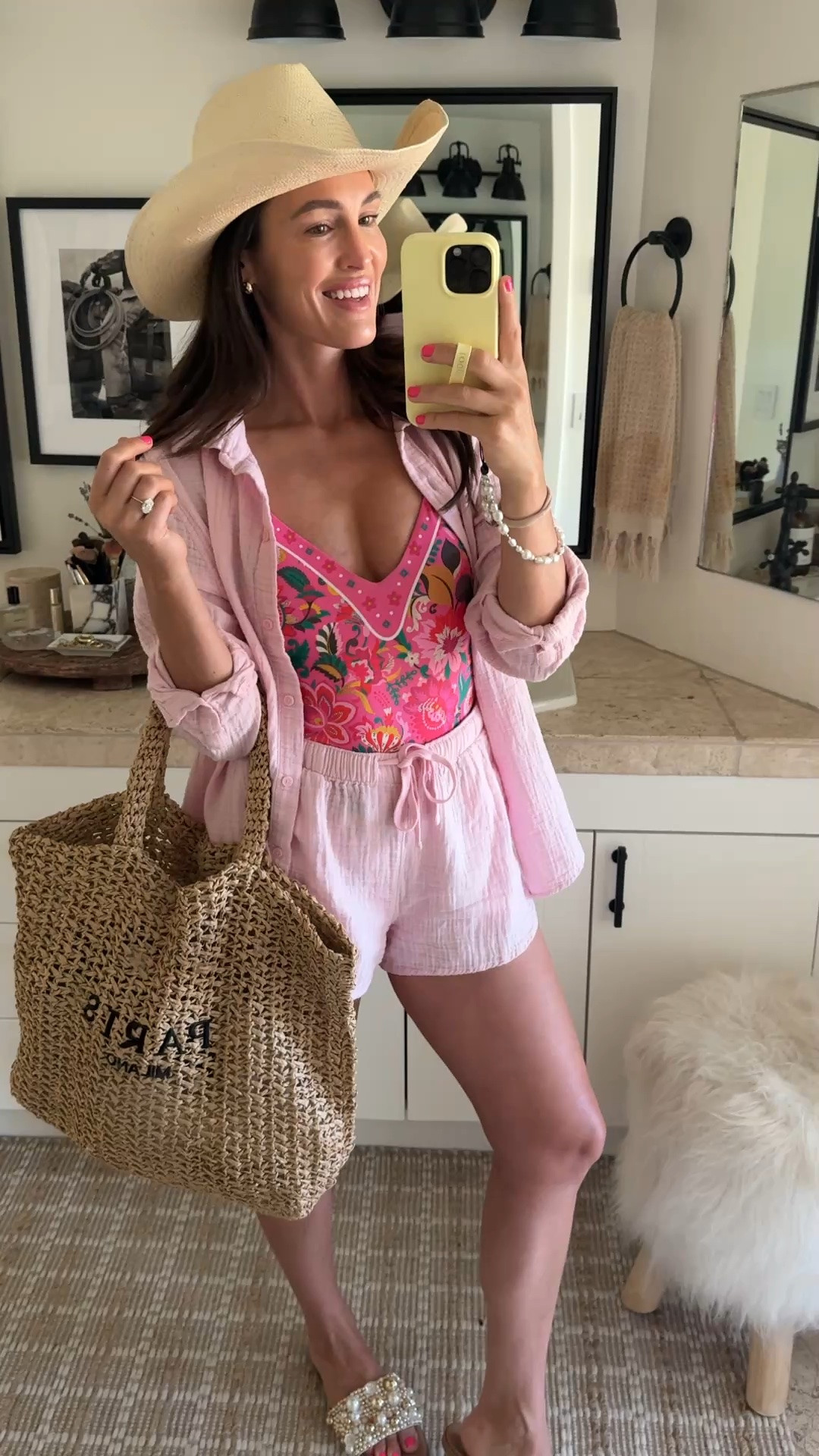 Pink boat day outfit - wearing smalls🌸🎀 
100% cotton top and short set
Straw bag and cowboy hat 

Summer look

#LTKootd #LTKSeasonal