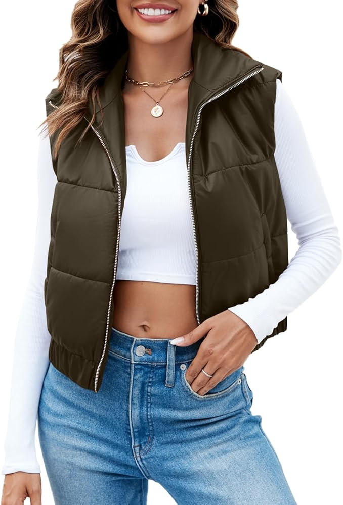Fisoew Womens Faux Leather Puffer Vest High Stand Collar Zip Up Sleeveless Winter Cropped Jacket ... | Amazon (US)