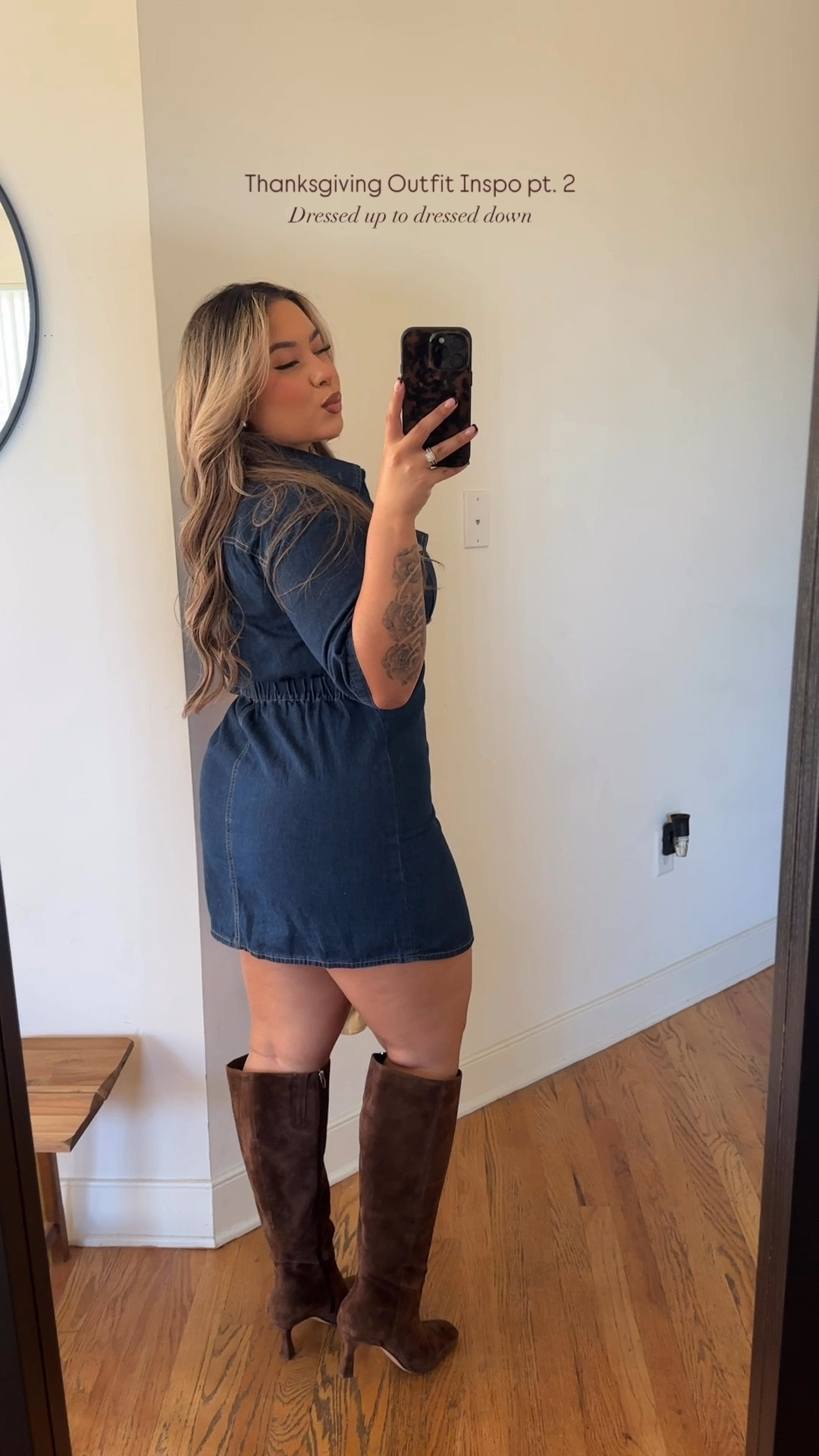 Thanksgiving Outfit Inspo pt. 2🦃🤎🍁 sizing 👇🏼 

Denim Shirt: M
Brown Skirt: L (Has stretch) 
Brown Knit Sweater: L(could have sized down - it has stretch) 
Denim Dress: size M (Has stretch) linked a dupe in case your size is not available on Amazon 
Wine Striped sweater: M 
A&F jeans: 30 Curve Love - Dark Marble
Brown off the shoulder sweater: M 

#LTKStyleTip #LTKHoliday #LTKSeasonal