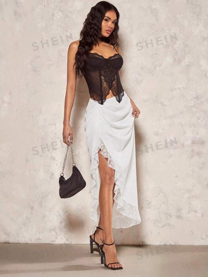 SHEIN BAE Falda Midi Con Dobladillo Asimétrico De Satén Y Encaje Con Contraste Y Ribete Con Vol... | SHEIN
